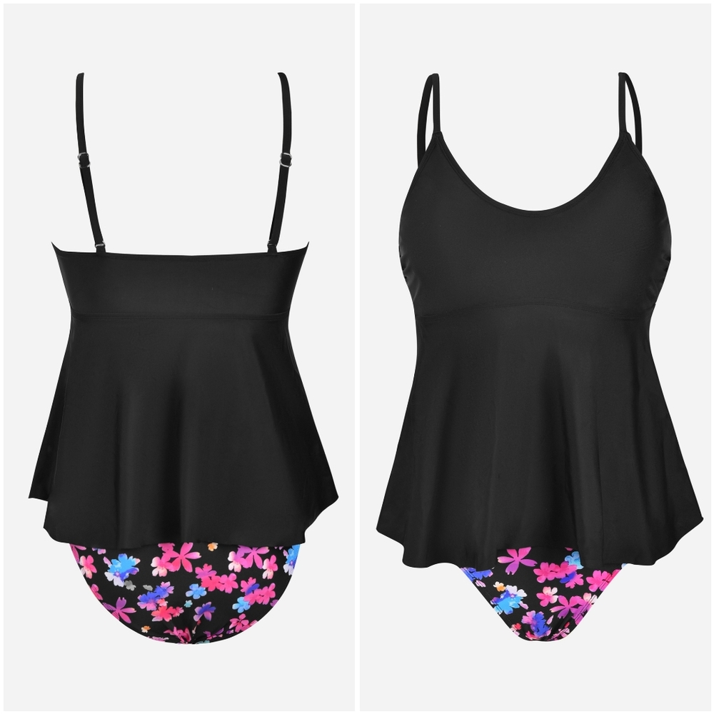 NWT Cupshe Black Floral Two Piece Flounce Bikini Tankini Swimsuit Bathing XS - Picture 5 of 9